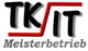 Logo mit den Buchstaben "TK", rotem Strich und "IT", darunter der Schriftzug "Meisterbetrieb".