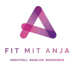 Logo mit Buchstabe A in Rosa und Lila, Text: Fit mit Anja - Kraftvoll, Weiblich, Wunderbar.