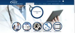 La homepage di HTN Telemedicina, con icone circolari e un medico che usa un tablet.