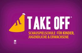 Take Off Logo, Schauspielschule für Kinder, Jugendliche & Erwachsene auf lila Hintergrund.
