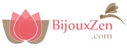 Logo BijouxZen avec fleur rose en forme de lotus et libellule marron.