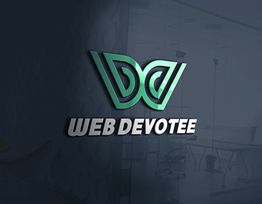 3D logo featuring "Web Devotee" text and stylized "WD" in an office setting.
