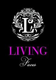 Schwarzer Hintergrund, ornamentales "L", pinker Schriftzug "Living", elegant geschwungenes "Faces".