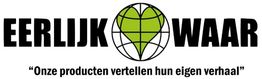 Eerlijk Waar logo met groene wereldbol in hartvorm; slogan: "Onze producten vertellen hun eigen verhaal".