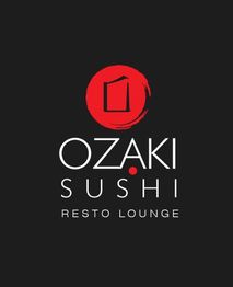 Logotipo com o texto "Ozaki Sushi Resto Lounge" e um símbolo vermelho estilizado acima.