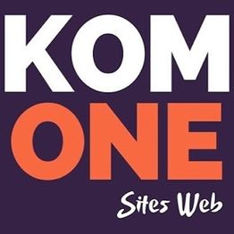 Texte "KOM ONE Sites Web" en blanc et orange sur fond violet.