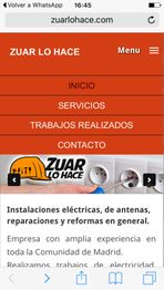 Sitio web de empresa de instalaciones eléctricas con menú y logo "Zuar Lo Hace".
