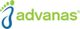 Logo with a blue foot symbol and green text saying "advanas."