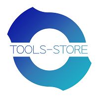 Kreisförmiges Logo mit blauem Farbverlauf und Schriftzug "TOOLS-STORE" in der Mitte.