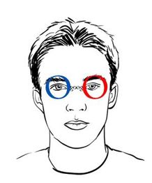 Gezeichnetes Gesicht mit Google-Logo als Brille, rote und blaue Kreise um die Augen.