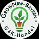 Kreislogo mit Pflanzenlampe, Text: "GrowNrw-Bayern, G4K-Handel", grün und orange gestaltet.