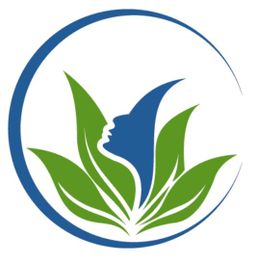 Grünes Blatt mit blauem Profil einer Frau im Halbkreis-Emblem.