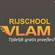 Rijschool Vlam-logo met de tekst "Tijdelijk gratis proefles!" op een grijze achtergrond.