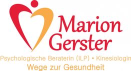 Logo mit Herzsymbol, Text: "Marion Gerster, Psychologische Beraterin (ILP), Kinesiologin".