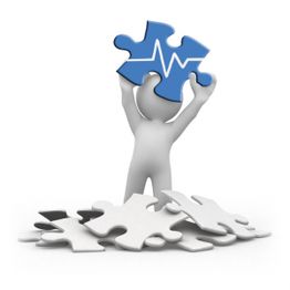 Figur hebt blaues Puzzleteil mit Herzfrequenzsymbol über grauem Puzzlestapel hoch.