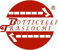 Logo rotondo rosso con testo "Botticelli Traslochi" e frecce bianche.