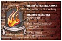 Businesskarte mit Flammen-Logo, Kontaktinformationen von Helmut Karotki, Kanonenkoch.