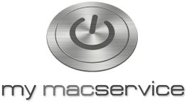Logo mit einem silbernen Power-Symbol und Text: "my macservice".