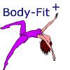 Tänzerin in lila Anzug in Bewegung; oben links steht "Body-Fit+".