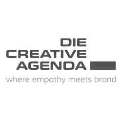 Logo mit Text: "DIE CREATIVE AGENDA - where empathy meets brand" in grauer Schrift.
