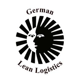 Logo mit schwarz-weißer Sonne und Gesicht, Text: "German Lean Logistics".
