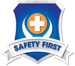"Safety First" shield with a cross on an orange circle over a blue and white swoosh design.