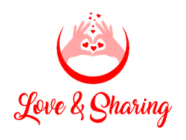 Hands form a heart with small hearts above, text reads "Love & Sharing" in red cursive.