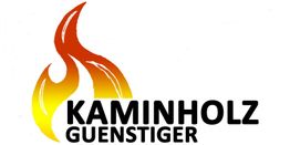Logo mit Flammen und dem Text "Kaminholz Guenstiger" in Schwarz auf weißem Hintergrund.