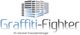 Gebäudelogo mit Text: "Graffiti-Fighter - Ihr urbaner Fassadenreiniger" in Blau und Grau.