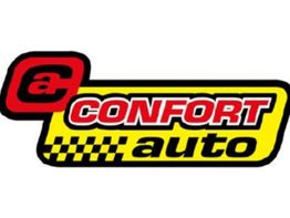 Logotipo de Confort Auto en rojo, negro y amarillo con diseño de tablero de ajedrez.