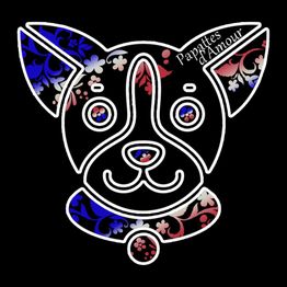 Chien stylisé avec motifs floraux bleu, rouge et blanc, texte "Papattes d'Amour". Fond noir.
