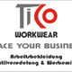 Tico Workwear Logo mit dem Slogan "Face your business" und Beschreibung auf Deutsch.