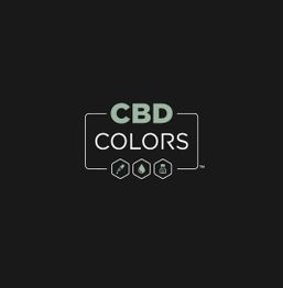 "CBD Colors logo on a black background with icons of a leaf, drop, and bottle."