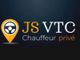 Logo de JS VTC avec volant et texte "Chauffeur privé" sur fond sombre.