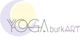 Logo mit Schriftzug "YOGA burkART", pastellfarbiger Halbmond und hellgelber Kreis im Hintergrund.