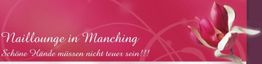 Banner mit Text "Naillounge in Manching", Blume vorne rechts und rosafarbenem Hintergrund.