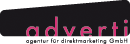 Schwarzes und rosa Logo mit Text: „adverti agentur für direktmarketing gmbh“.