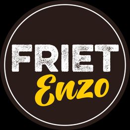 Rond logo met de tekst "Friet Enzo" in wit en geel op een bruine achtergrond.