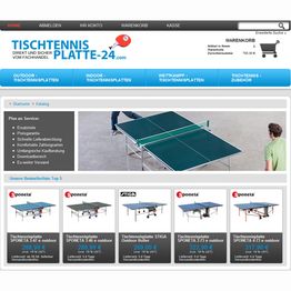 Website für Tischtennisplatten mit Kategorien und Angeboten verschiedener Modelle.