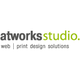Logo mit Text "atworksstudio. web | print design solutions".