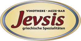 Ovales Logo von Jevsis, Vinothek und Meze-Bar, mit griechischen Spezialitäten.