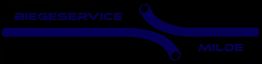 Blaue, gebogene Rohre mit Text: "Biegeservice Milde" auf schwarzem Hintergrund.