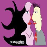 Dibujo de perfil de hombre y mujer fusionados, con fondo morado y texto "vanesagarcia.es".