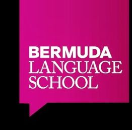 Lila Sprechblase mit weißem Text: "Bermuda Language School" auf schwarzem Hintergrund.