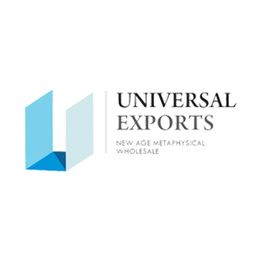 Logo of Universal Exports with geometric design and text: "New Age Metaphysical Wholesale."