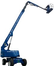 Blauer Hebebühnen-Lift mit ausgefahrenem Arm und Plattform, auf weißen Hintergrund.