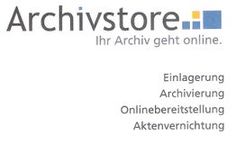 Logo von Archivstore mit Slogan und Diensten: Einlagerung, Archivierung, Onlinebereitstellung, Aktenvernichtung.