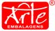 Logotipo vermelho com texto "Arte Embalagens" em branco estilizado.