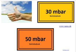 Daumen hoch neben gelbem Schild mit "30 mbar" und orangem Schild mit "50 mbar" Betriebsdruck.