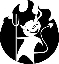 Schwarz-weiße Illustration eines Teufels mit Dreizack und Flammen im Hintergrund.